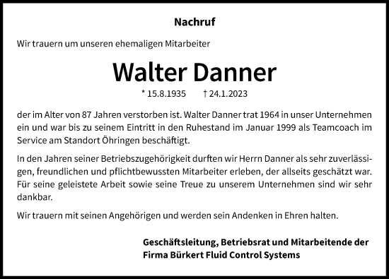 Traueranzeige von Walter Danner von GESAMT