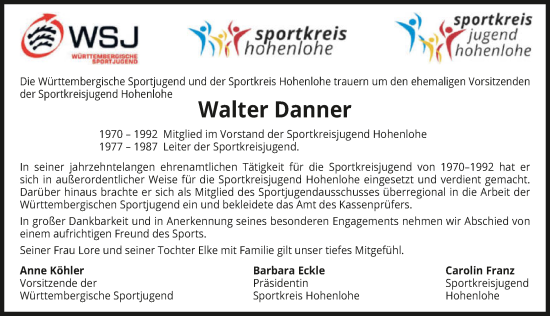 Traueranzeige von Walter Danner von GESAMT