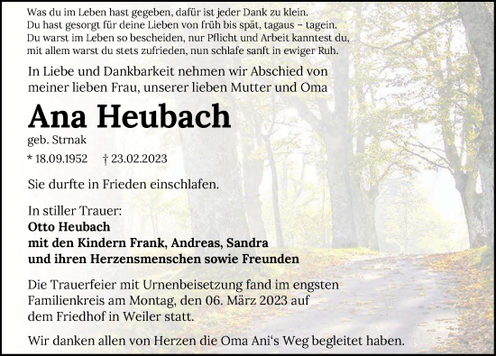 Traueranzeige von Ana Heubach von GESAMT