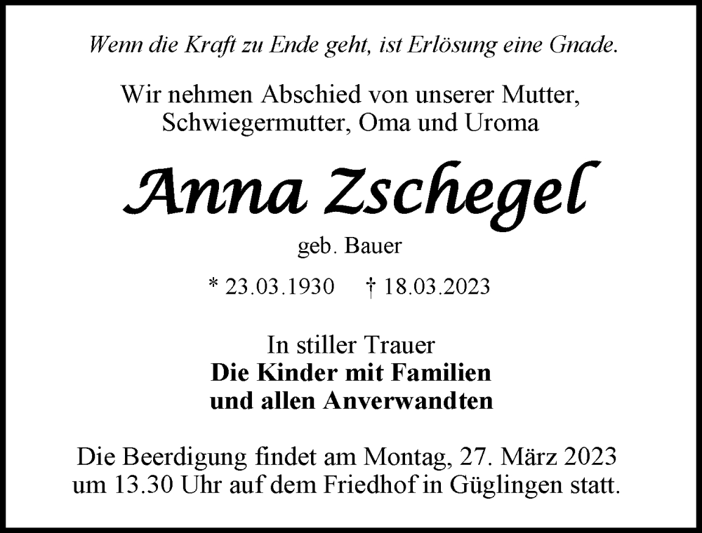  Traueranzeige für Anna Zschegel vom 24.03.2023 aus GESAMT