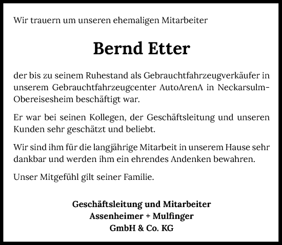 Traueranzeige von Bernd Etter von GESAMT