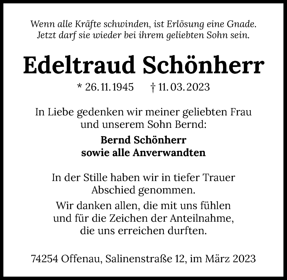  Traueranzeige für Edeltraud Schönherr vom 18.03.2023 aus GESAMT