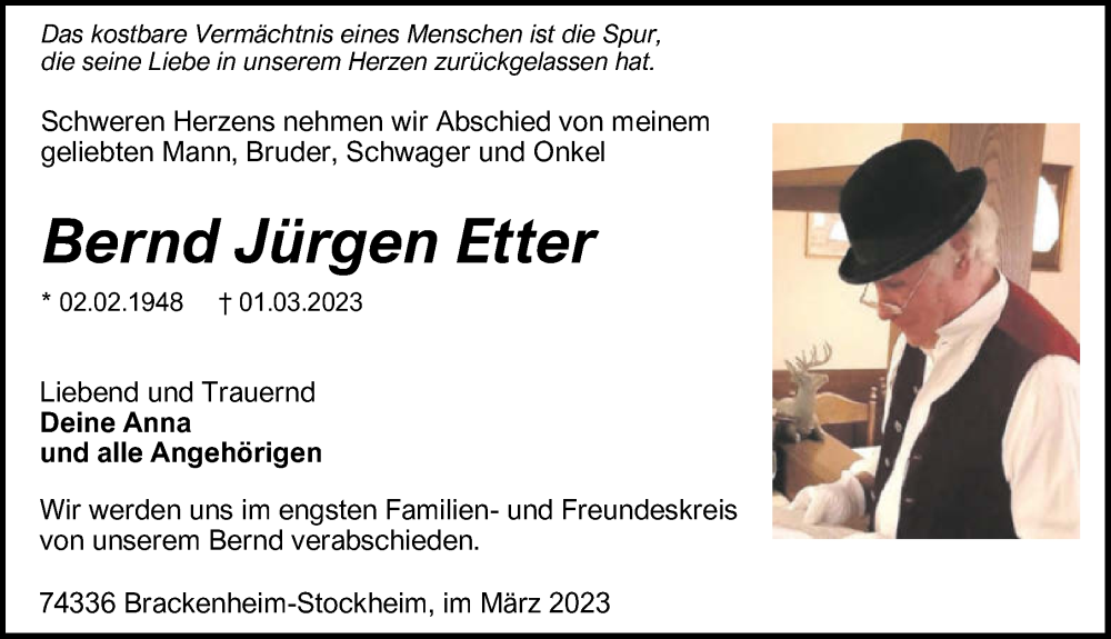  Traueranzeige für Bernd Jürgen Etter vom 07.03.2023 aus GESAMT