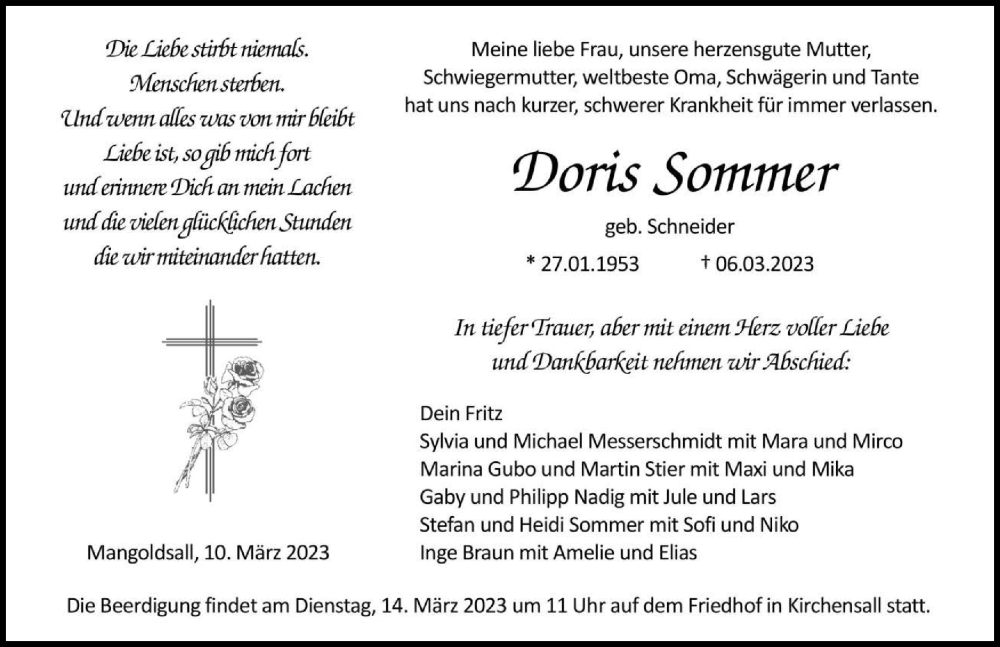  Traueranzeige für Doris Sommer vom 10.03.2023 aus GESAMT