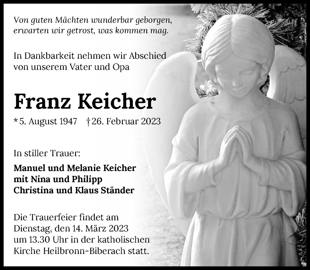  Traueranzeige für Franz Keicher vom 11.03.2023 aus GESAMT