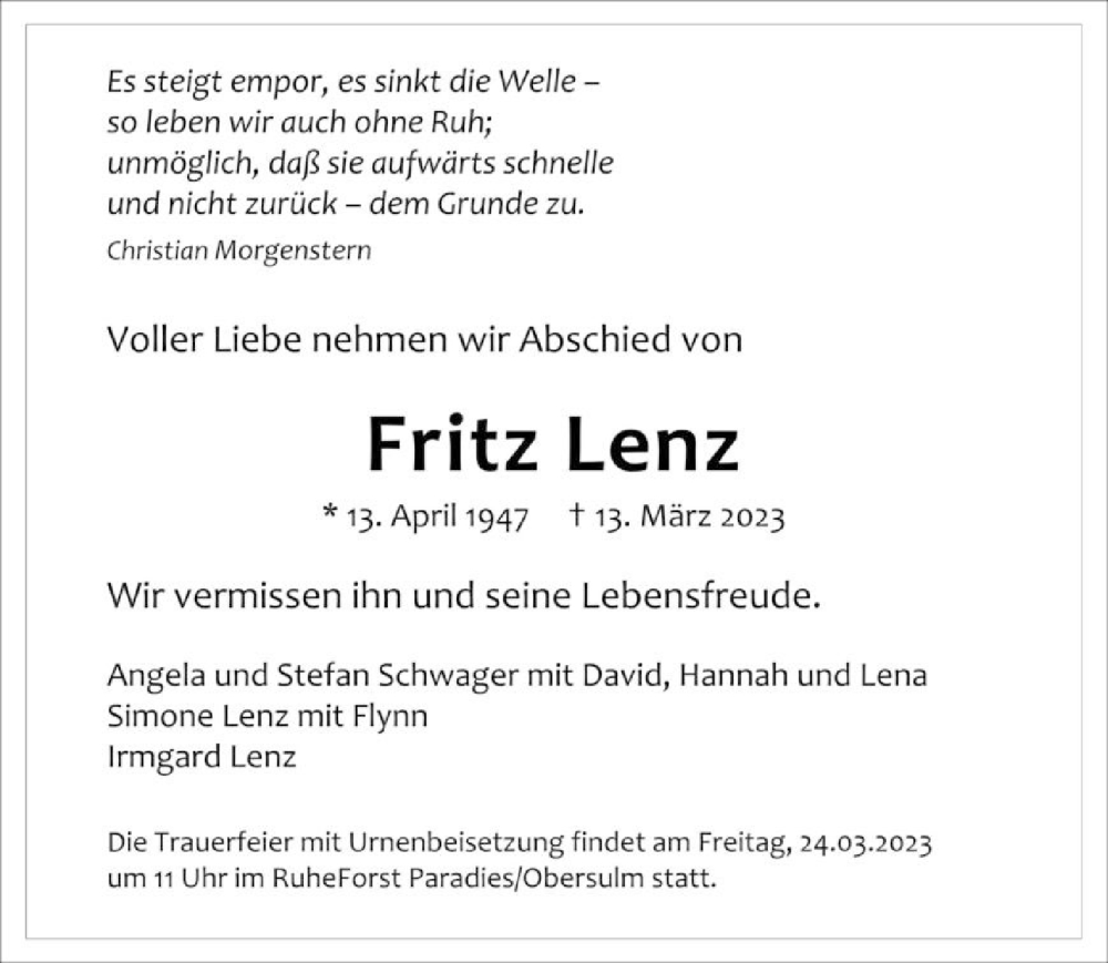  Traueranzeige für Fritz Lenz vom 20.03.2023 aus GESAMT