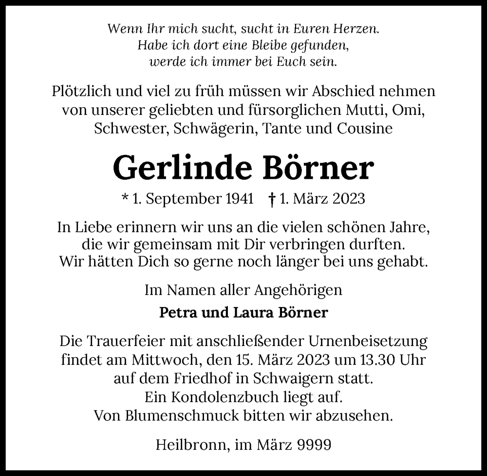  Traueranzeige für Gerlinde Börner vom 11.03.2023 aus GESAMT