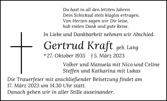 Traueranzeige von Gertrud Kraft von GESAMT