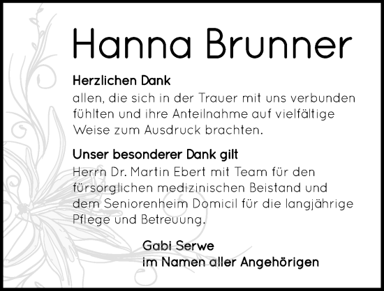 Traueranzeige von Hanna Brunner von GESAMT