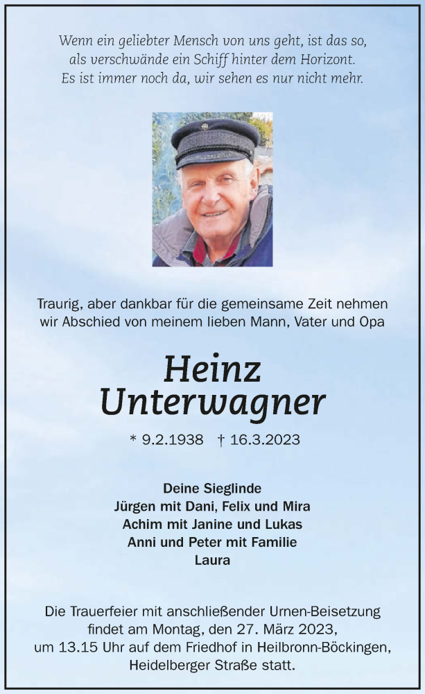  Traueranzeige für Heinz Unterwagner vom 22.03.2023 aus GESAMT