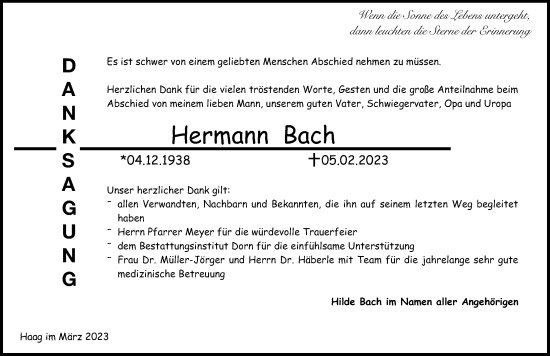 Traueranzeige von Hermann Bach von GESAMT
