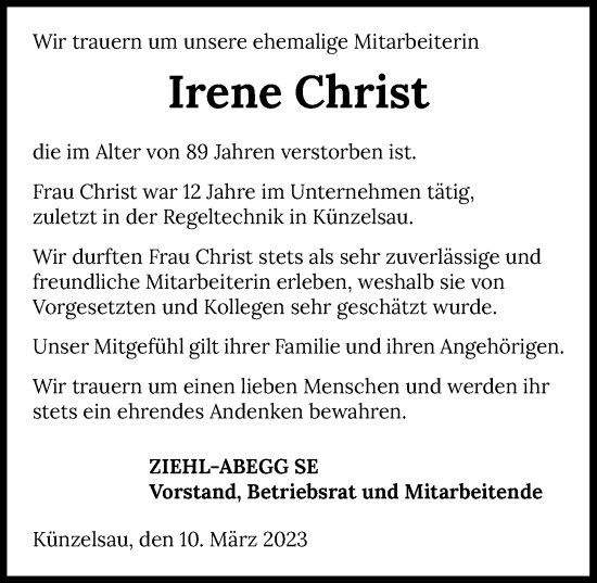 Traueranzeige von Irene Christ von GESAMT