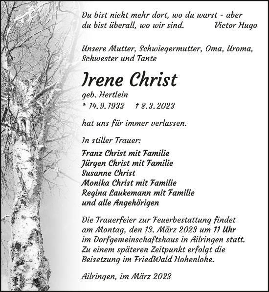 Traueranzeige von Irene Christ von GESAMT