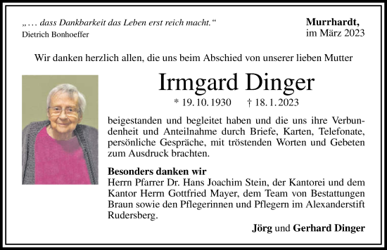 Traueranzeige von Irmgard Dinger von GESAMT