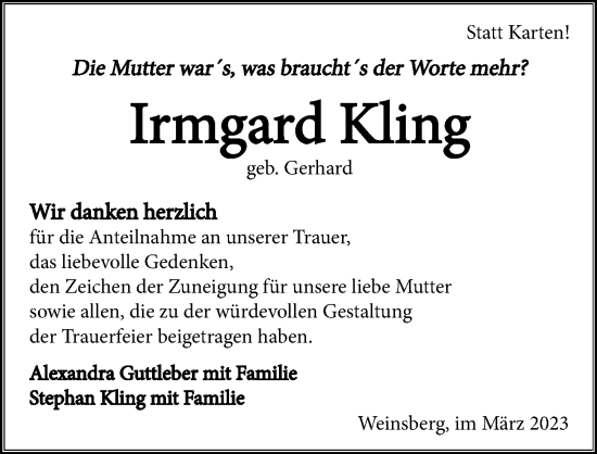 Traueranzeige von Irmgard Kling von GESAMT