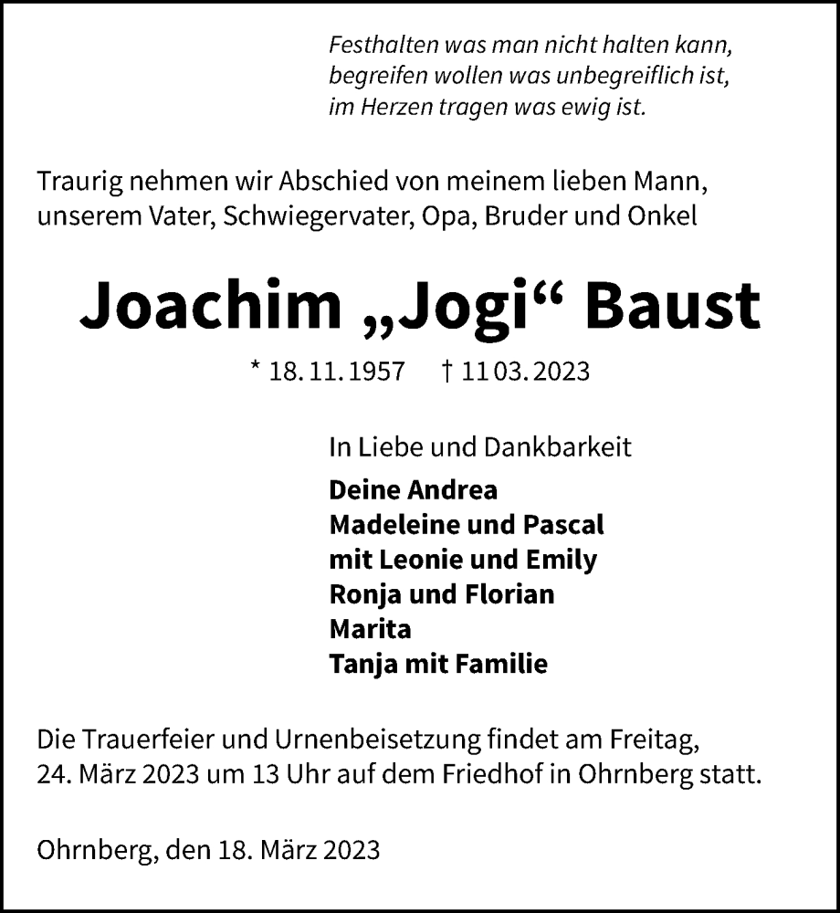  Traueranzeige für Joachim Baust vom 18.03.2023 aus GESAMT