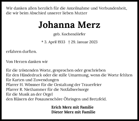 Traueranzeige von Johanna Merz von GESAMT