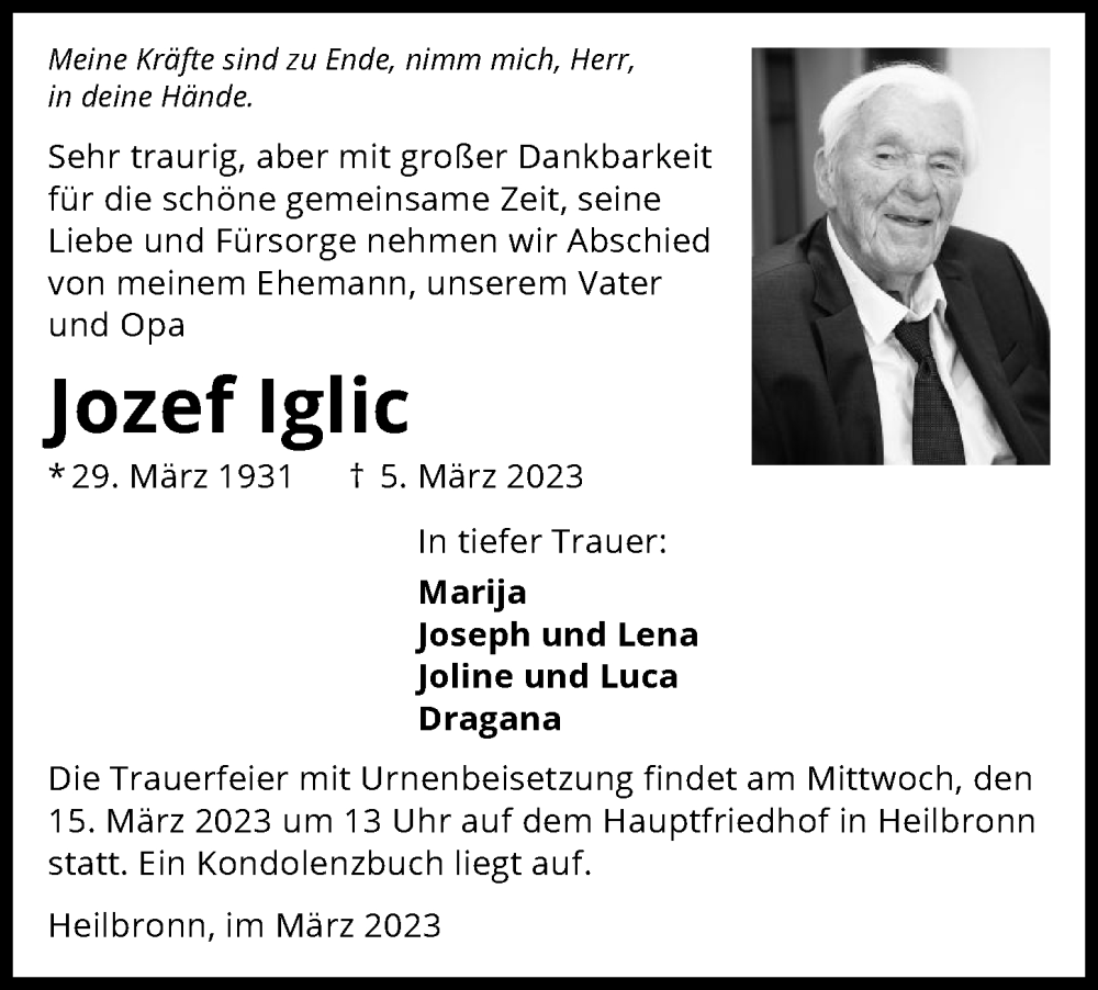 Traueranzeige für Jozef Iglic vom 09.03.2023 aus GESAMT
