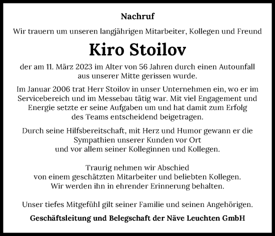 Traueranzeige von Kiro Stoilov von GESAMT