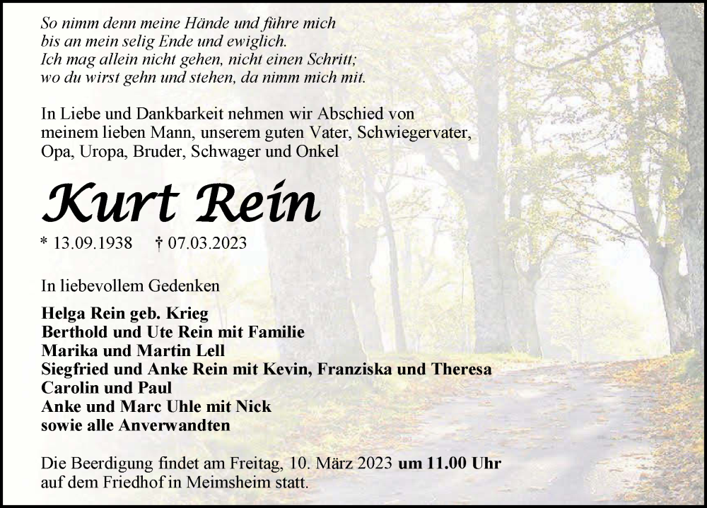  Traueranzeige für Kurt Rein vom 09.03.2023 aus GESAMT