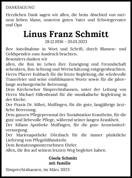 Traueranzeige von Linus Franz Schmitt von GESAMT