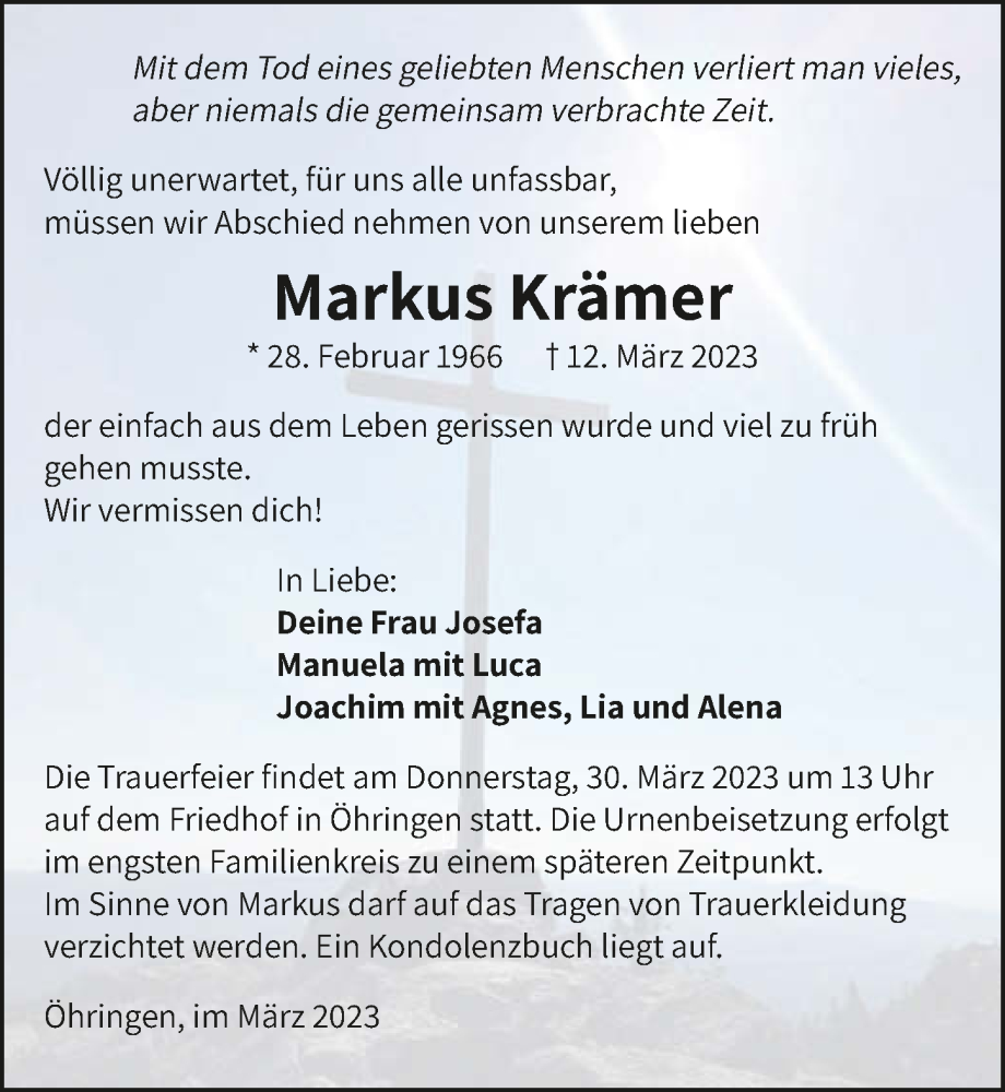  Traueranzeige für Markus Krämer vom 25.03.2023 aus GESAMT