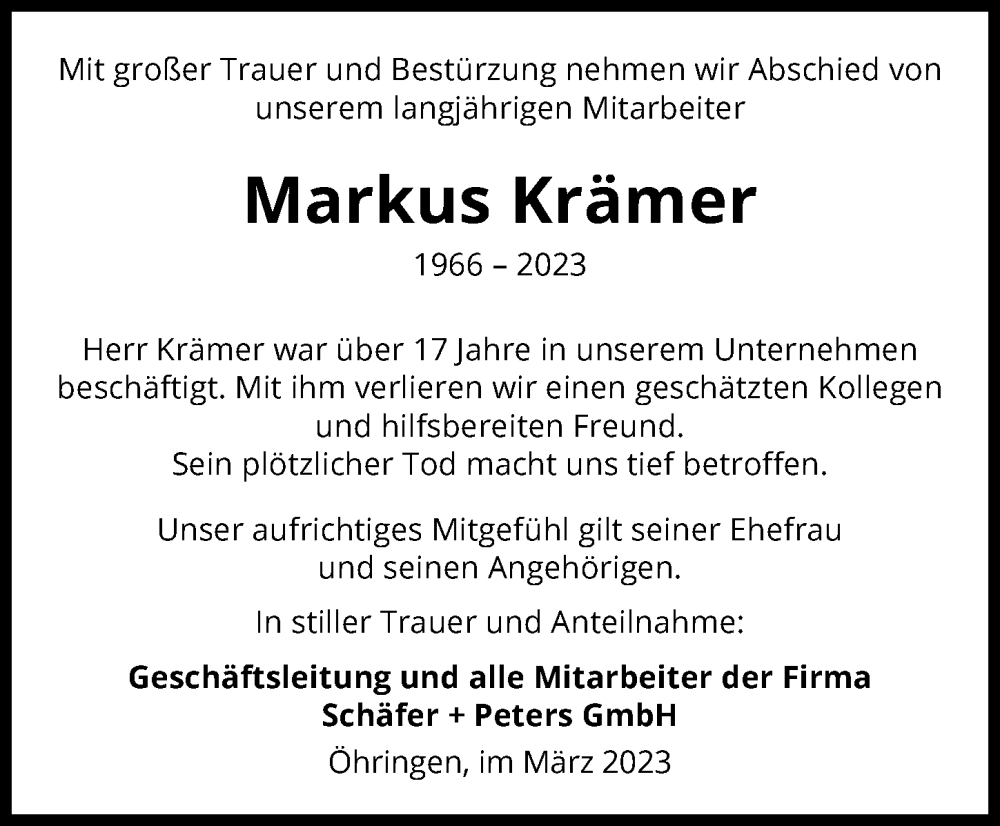  Traueranzeige für Markus Krämer vom 25.03.2023 aus GESAMT