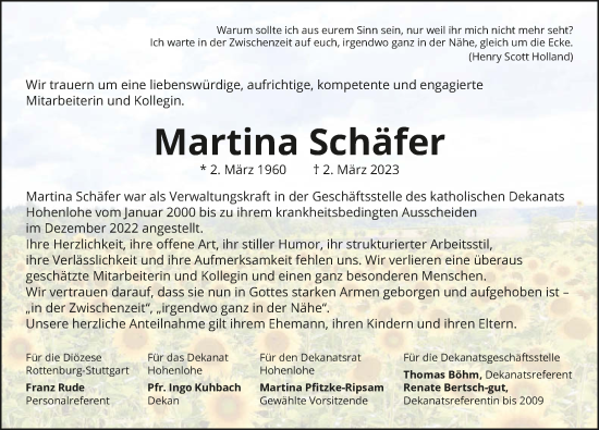 Traueranzeige von Martina Schäfer von GESAMT