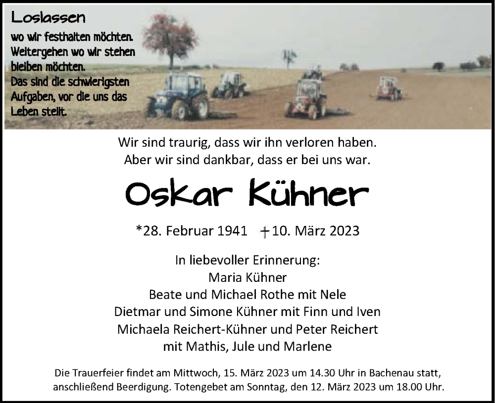  Traueranzeige für Oskar Kühner vom 11.03.2023 aus GESAMT