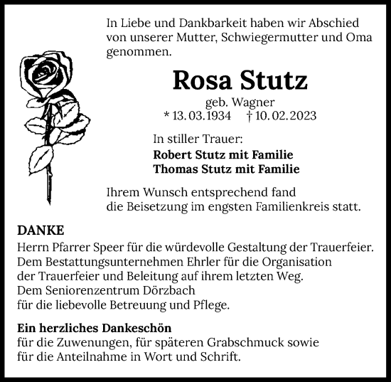 Traueranzeige von Rosa Stutz von GESAMT