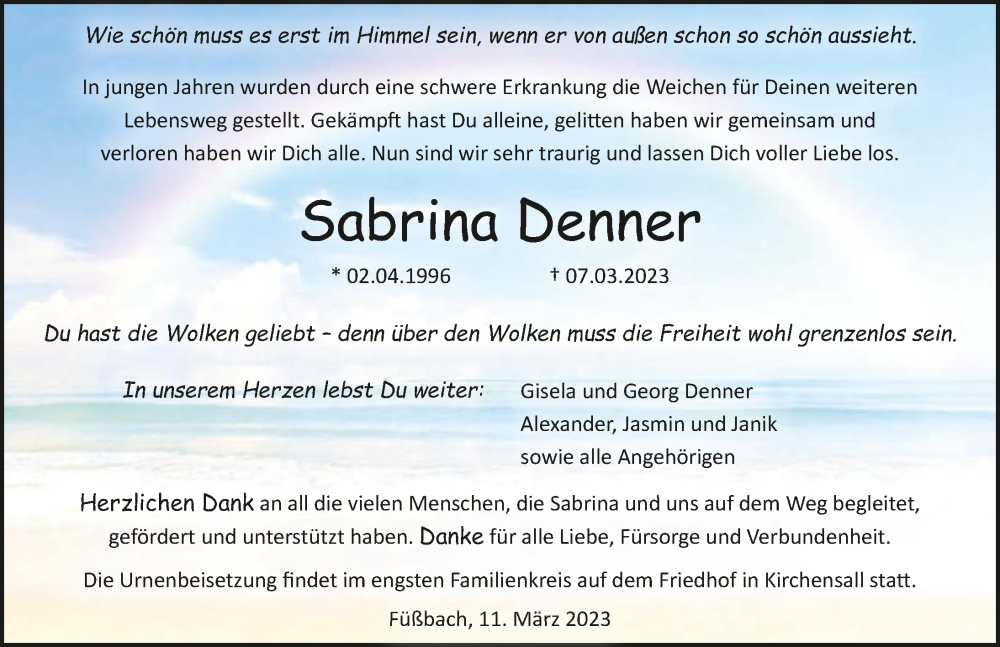  Traueranzeige für Sabrina Denner vom 11.03.2023 aus GESAMT