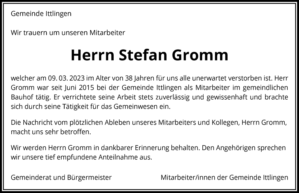  Traueranzeige für Stefan Gromm vom 18.03.2023 aus GESAMT