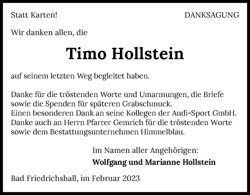  Traueranzeige für Timo Hollstein vom 04.03.2023 aus GESAMT