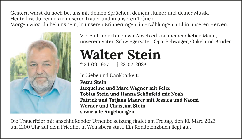  Traueranzeige für Walter Stein vom 04.03.2023 aus GESAMT