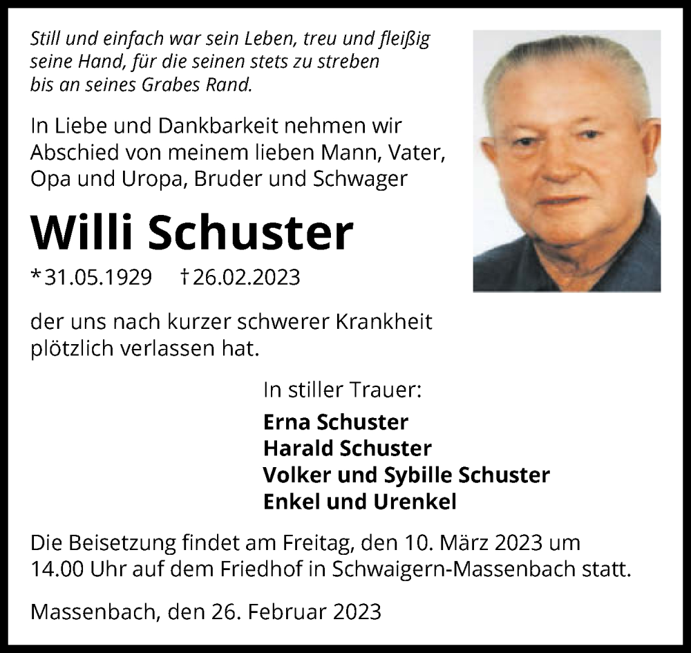  Traueranzeige für Willi Schuster vom 02.03.2023 aus GESAMT