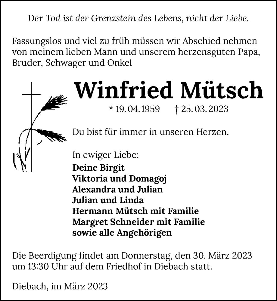  Traueranzeige für Winfried Mütsch vom 28.03.2023 aus GESAMT