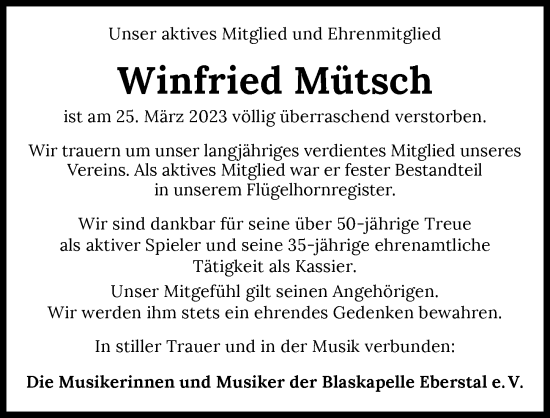 Traueranzeige von Winfried Mütsch von GESAMT