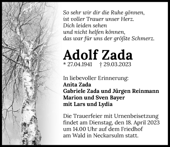 Traueranzeige von Adolf Zada von GESAMT