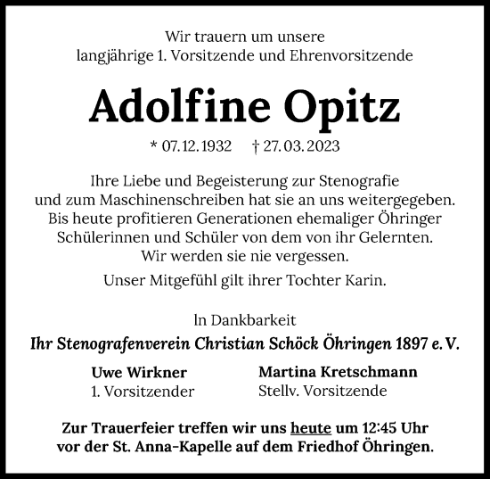 Traueranzeige von Adolfine Opitz von GESAMT