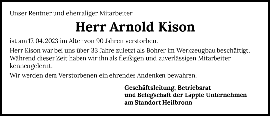 Traueranzeige von Arnold Kison von GESAMT