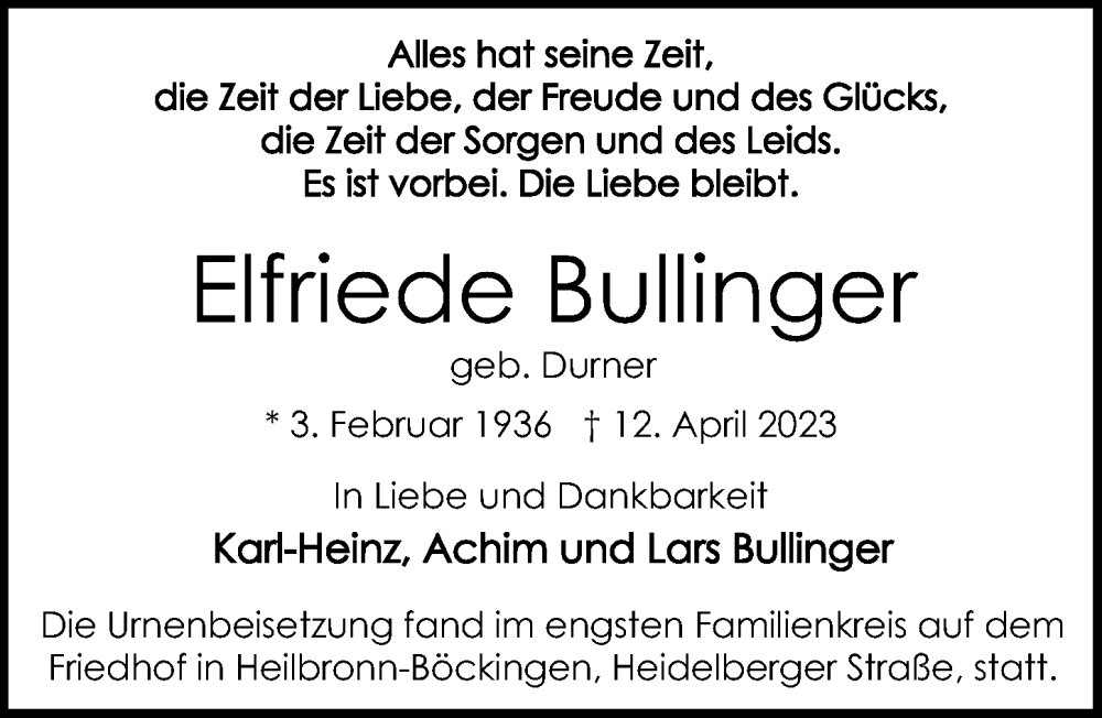  Traueranzeige für Elfriede Bullinger vom 29.04.2023 aus GESAMT