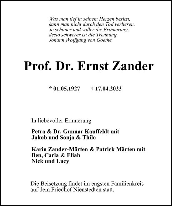 Traueranzeige von Ernst Zander von HA