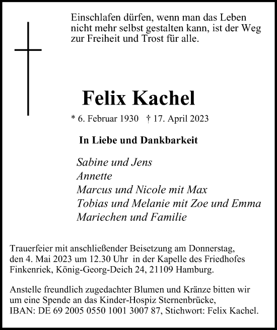 Traueranzeige von Felix Kachel von HA