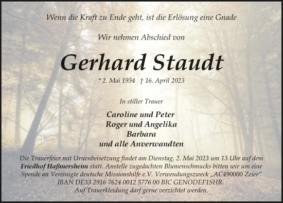 Traueranzeige von Gerhard Staudt von GESAMT