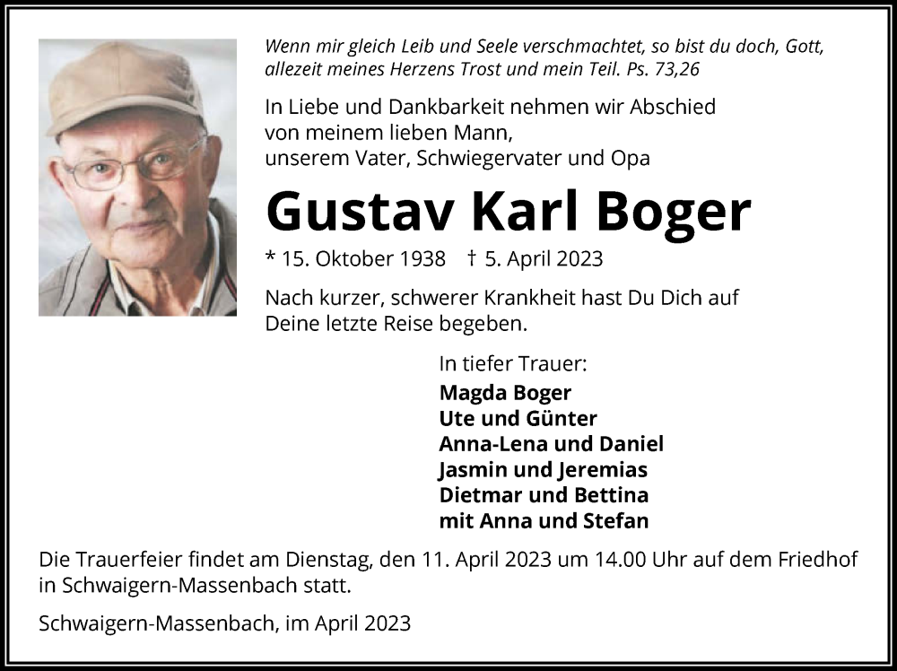  Traueranzeige für Gustav Karl Boger vom 08.04.2023 aus GESAMT