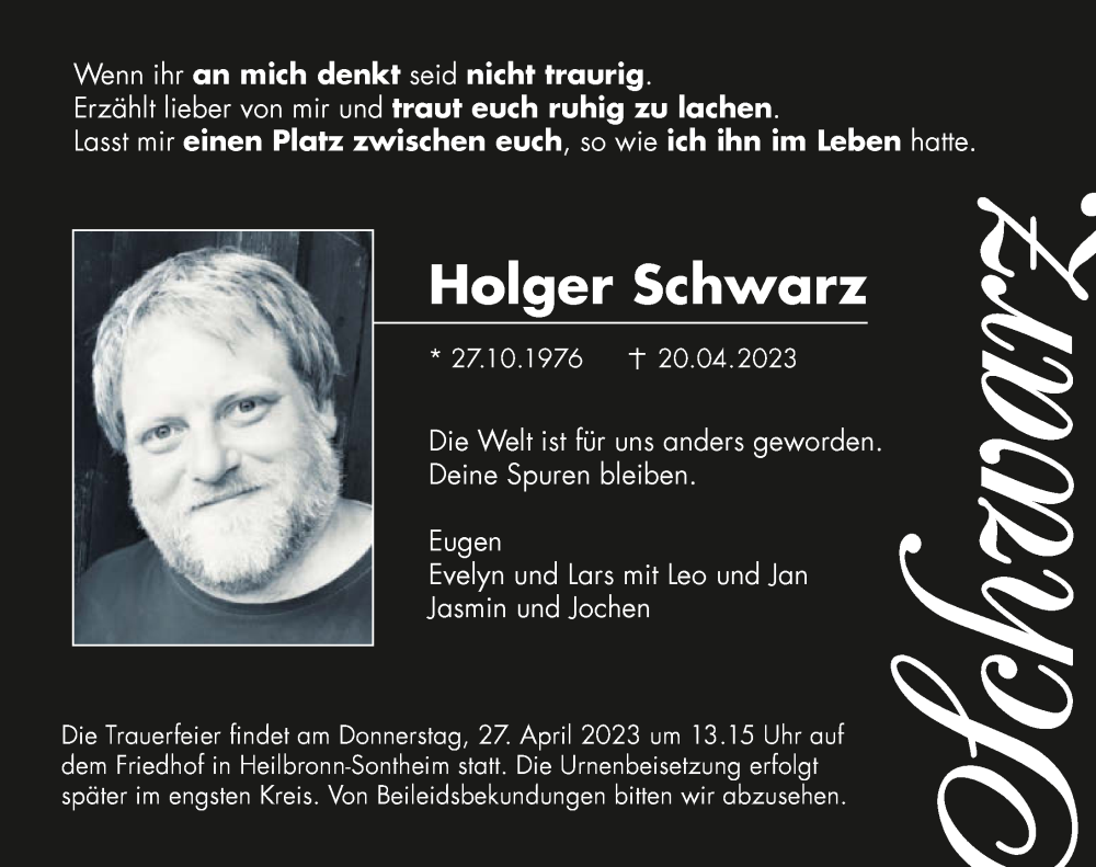  Traueranzeige für Holger Schwarz vom 25.04.2023 aus GESAMT