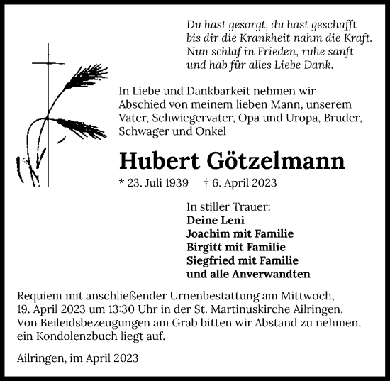 Traueranzeige von Hubert Götzelmann von GESAMT