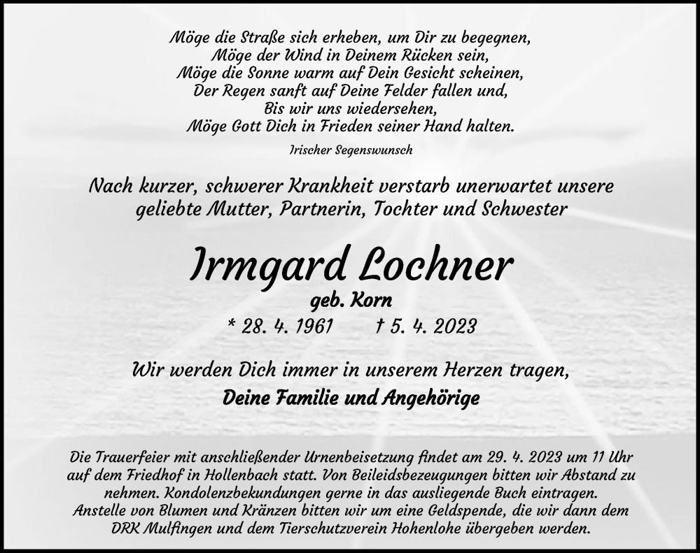  Traueranzeige für Irmgard Lochner vom 20.04.2023 aus GESAMT