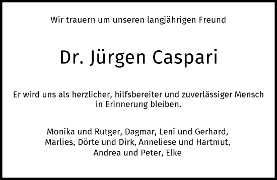 Traueranzeige von Jürgen Caspari von GESAMT