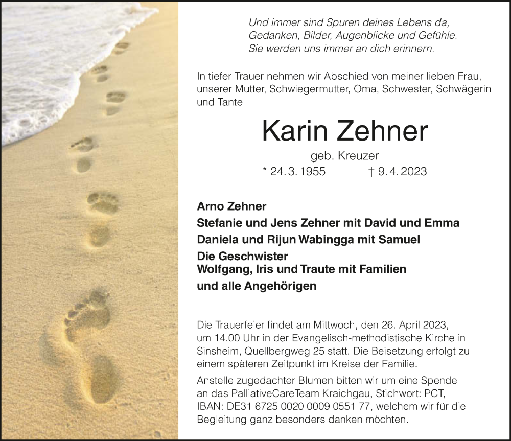  Traueranzeige für Karin Zehner vom 15.04.2023 aus GESAMT